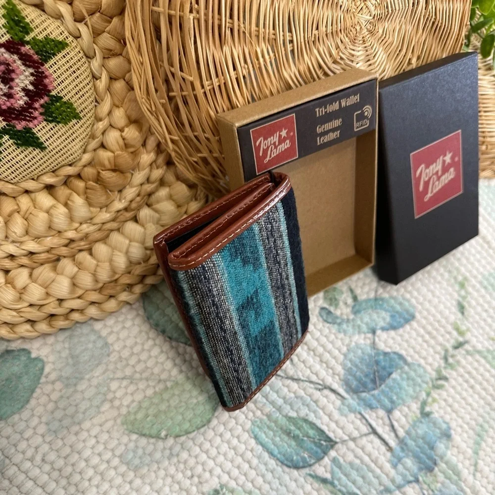 New Tony Lama Tri-Fold Wallet RFID Blue Aztec Canvas Leather Cowboy Western